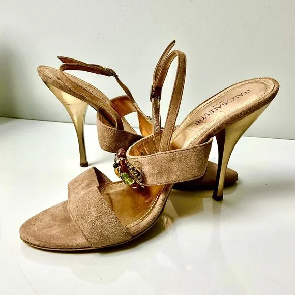 Vintage ITALOBALESTRI Suede Sandals Heels Cipria Pink Beaded Detail Size EU 39